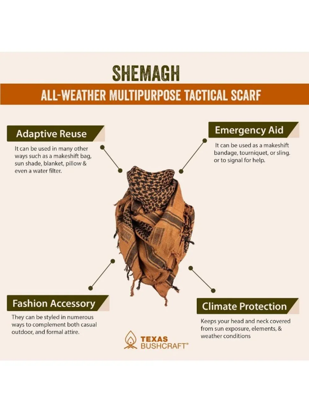 Tactical Shemagh Scarf - 100% Cotton Keffiyeh for Camping, Hiking, and Outdoor